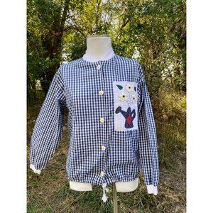 Vintage Gingham Check Seer Sucker Blouse Applique Flowers Daisy Buttons